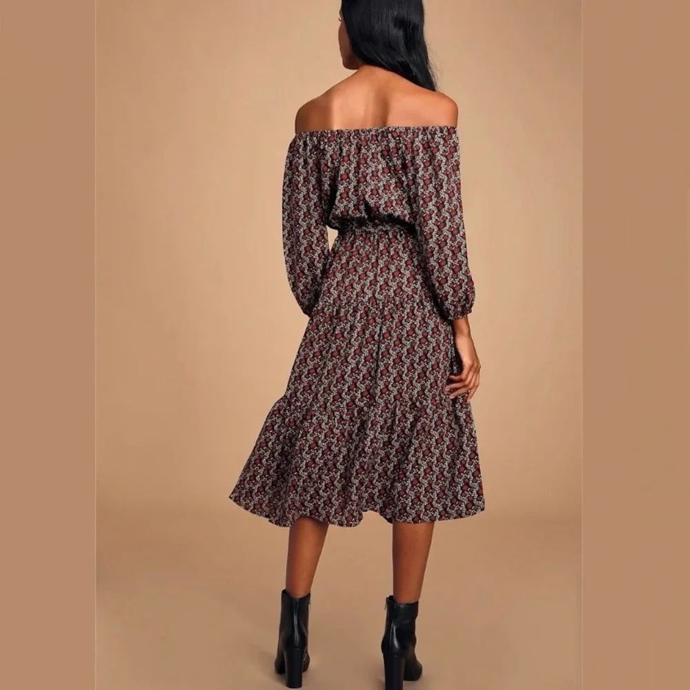 Lulus Off Shoulder Floral Midi Dress Boho Cottagecore Long Sleeve S - Picture 4 of 17